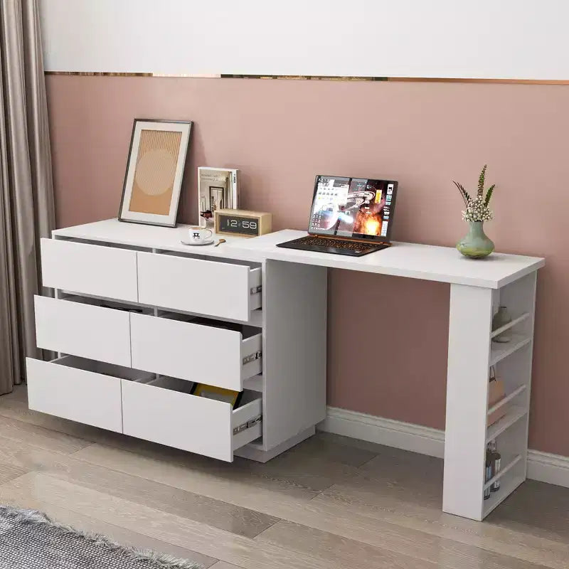 Bureau/coiffeuse d'angle extensible en L avec 6 tiroirs, offrant un vaste espace de rangement.