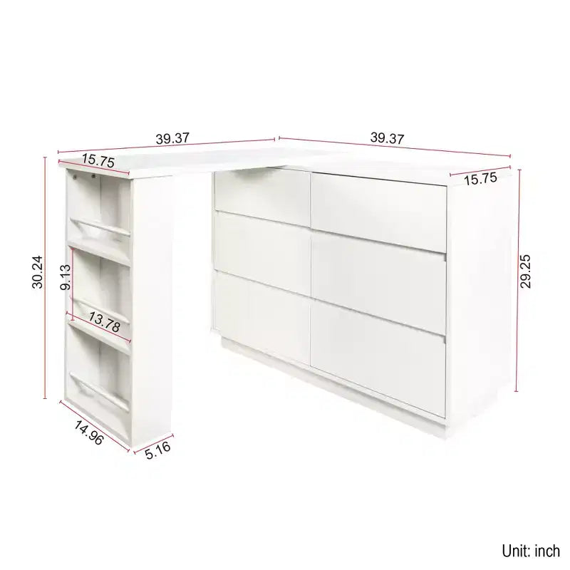 Bureau/coiffeuse d'angle extensible en L avec 6 tiroirs, offrant un vaste espace de rangement.