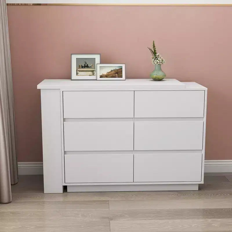 Bureau/coiffeuse d'angle extensible en L avec 6 tiroirs, offrant un vaste espace de rangement.