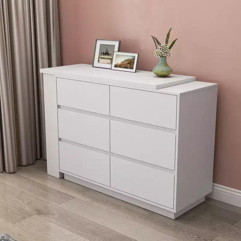 Bureau/coiffeuse d'angle extensible en L avec 6 tiroirs, offrant un vaste espace de rangement.
