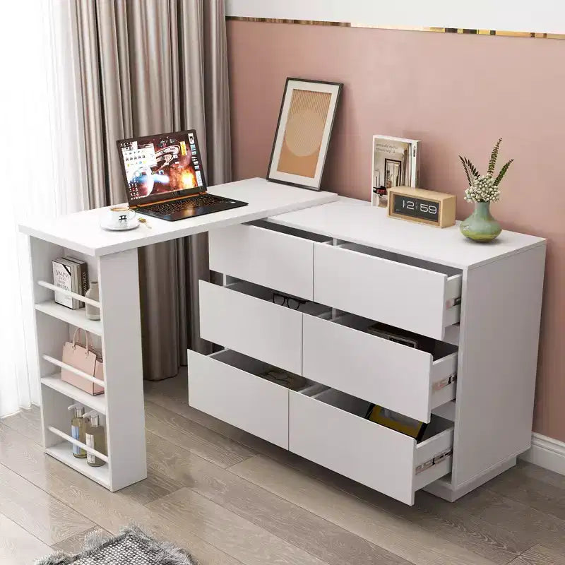 Bureau/coiffeuse d'angle extensible en L avec 6 tiroirs, offrant un vaste espace de rangement.
