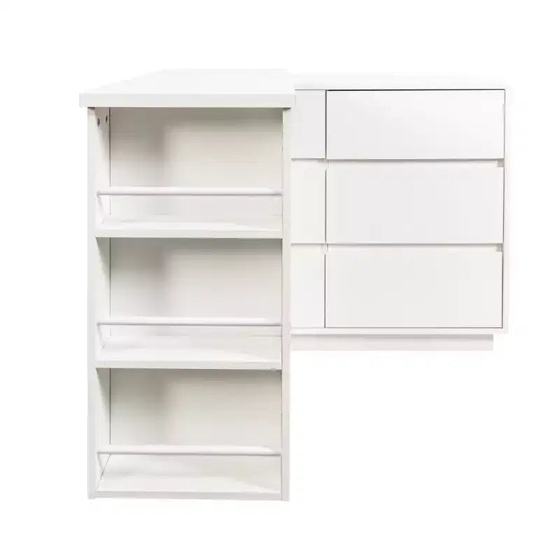 Bureau/coiffeuse d'angle extensible en L avec 6 tiroirs, offrant un vaste espace de rangement.