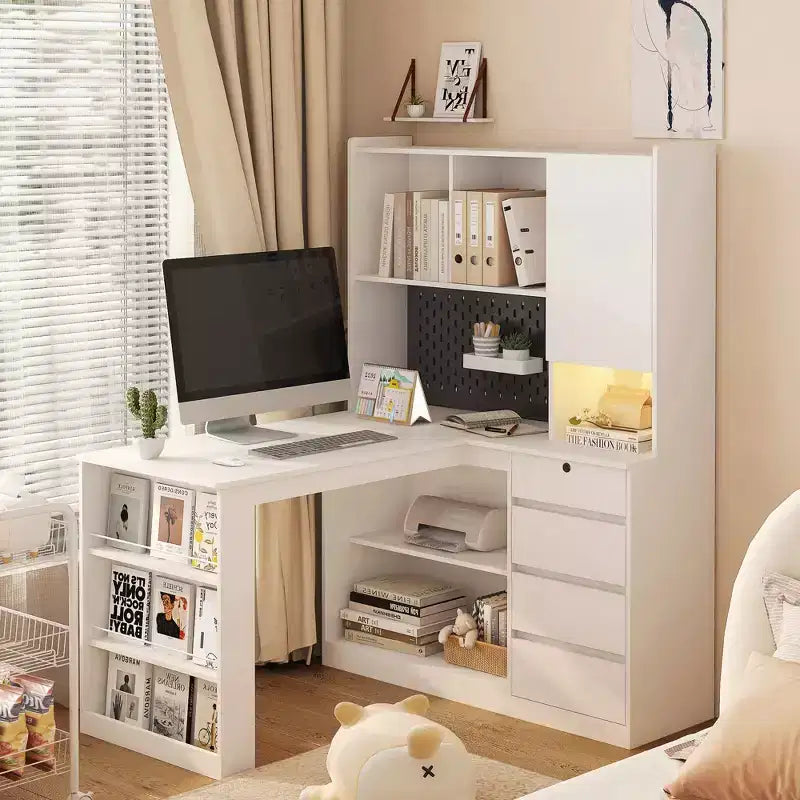 JVNOXK L-Shaped Multi-Functional Corner Storage Unit Charging Desk with Drawers Computer Desk with Shelving LED Lighting Home Office Desk - White