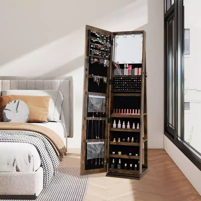 Meuble à bijoux pivotant à 360° avec miroir pleine longueur, étagères arrière et lumières pour chambre à coucher