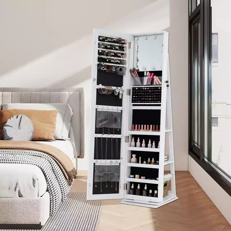 Meuble à bijoux pivotant à 360° avec miroir pleine longueur, étagères arrière et lumières pour chambre à coucher