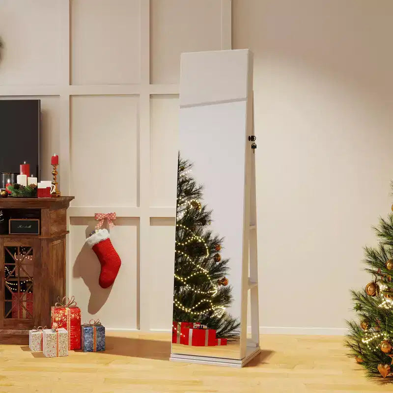 Meuble à bijoux pivotant à 360° avec miroir pleine longueur, étagères arrière et lumières pour chambre à coucher