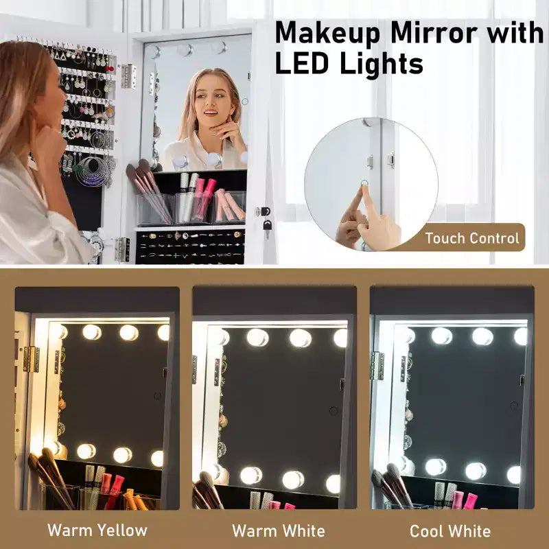 Meuble à bijoux pivotant à 360° avec miroir pleine longueur, étagères arrière et lumières pour chambre à coucher
