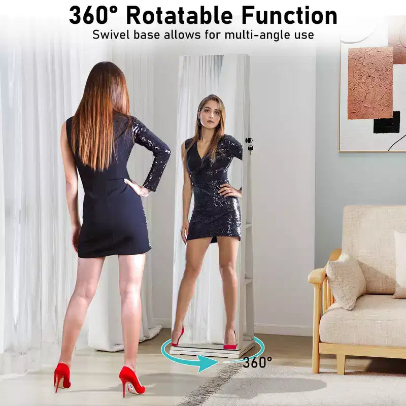 Meuble à bijoux pivotant à 360° avec miroir pleine longueur, étagères arrière et lumières pour chambre à coucher