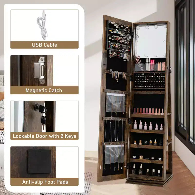 Meuble à bijoux pivotant à 360° avec miroir pleine longueur, étagères arrière et lumières pour chambre à coucher
