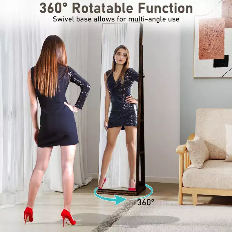 Meuble à bijoux pivotant à 360° avec miroir pleine longueur, étagères arrière et lumières pour chambre à coucher