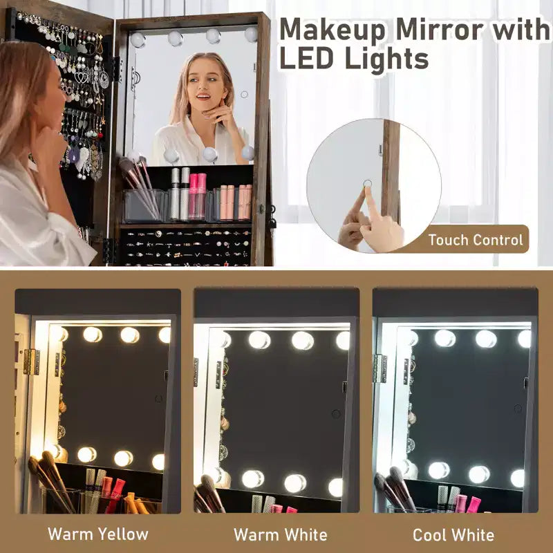 Meuble à bijoux pivotant à 360° avec miroir pleine longueur, étagères arrière et lumières pour chambre à coucher