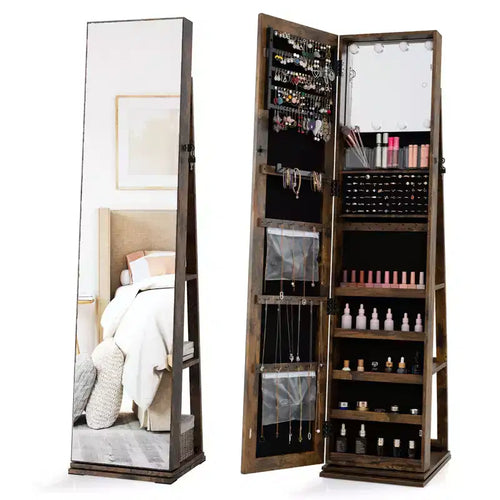 Costway 360 degree Swivel Jewelry Cabinet w/Full Length Mirror Back Shelves Lights for Bedroom
