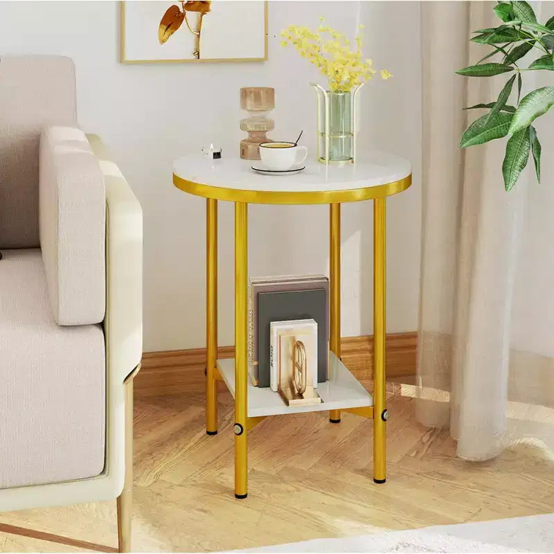 Table d'appoint ronde à double couche, table d'appoint en faux marbre avec étagère de rangement