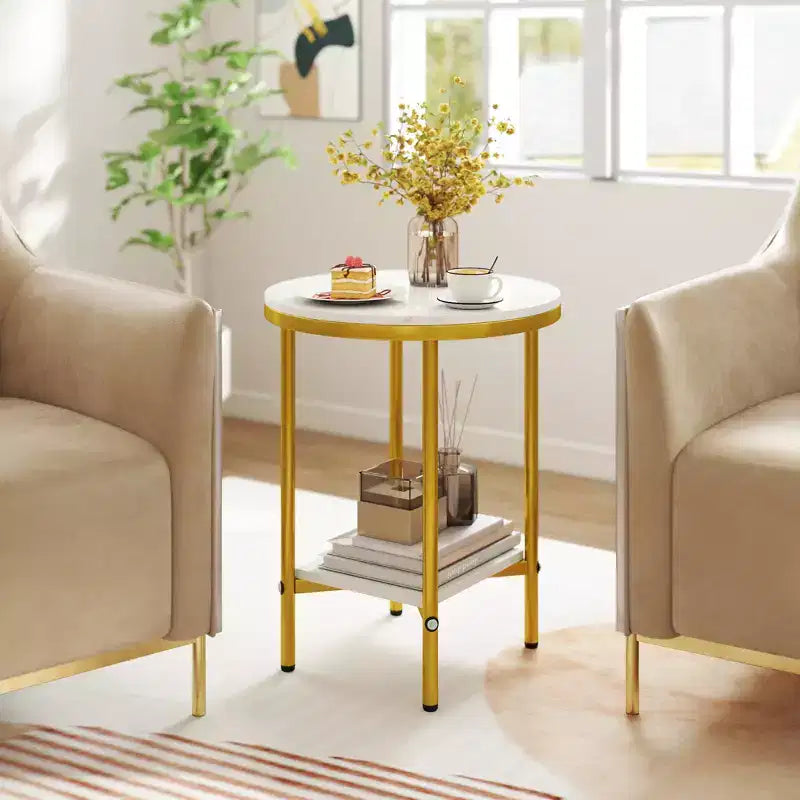 Table d'appoint ronde à double couche, table d'appoint en faux marbre avec étagère de rangement