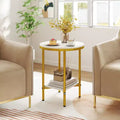 Table d'appoint ronde à double couche, table d'appoint en faux marbre avec étagère de rangement
