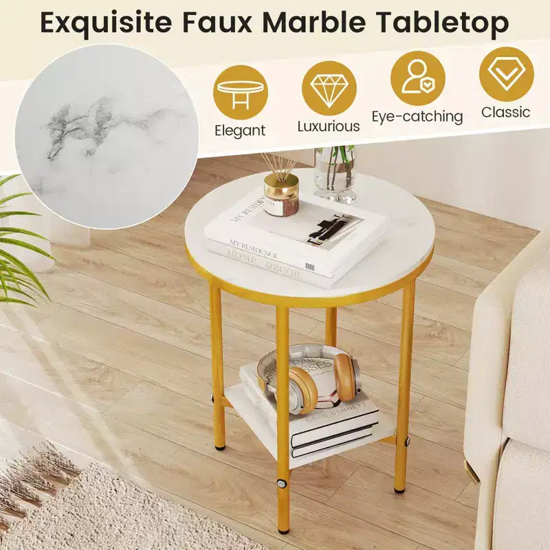 Table d'appoint ronde à double couche, table d'appoint en faux marbre avec étagère de rangement