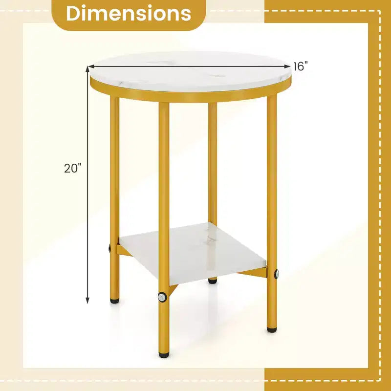 Table d'appoint ronde à double couche, table d'appoint en faux marbre avec étagère de rangement