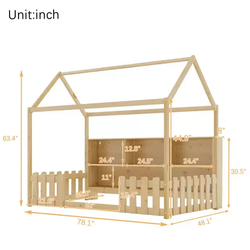 Lit au sol double pour tout-petits avec lumières LED, étagère de rangement et barrière de sécurité.