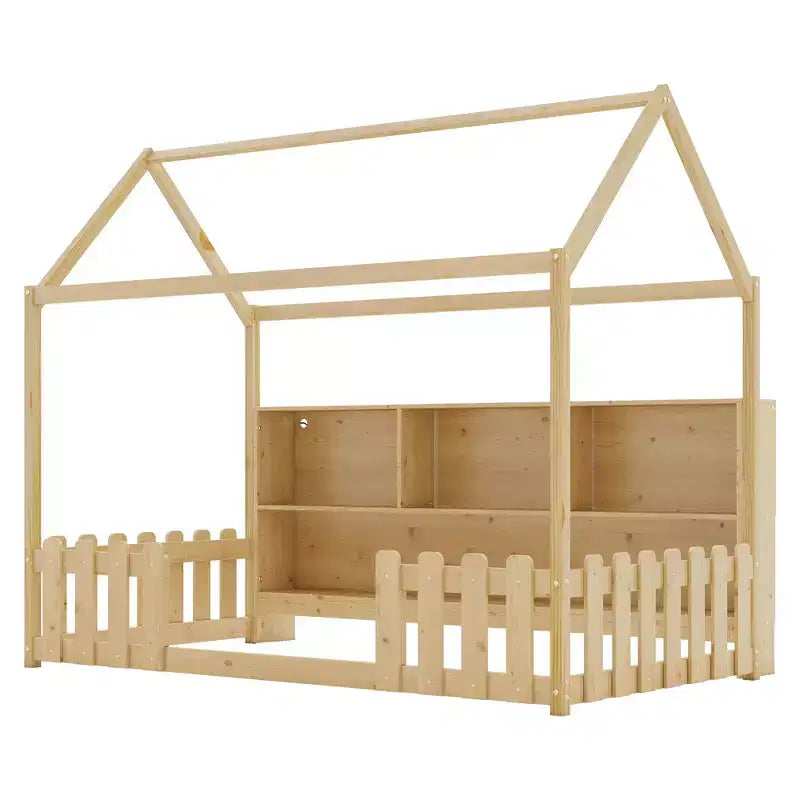 Lit au sol double pour tout-petits avec lumières LED, étagère de rangement et barrière de sécurité.