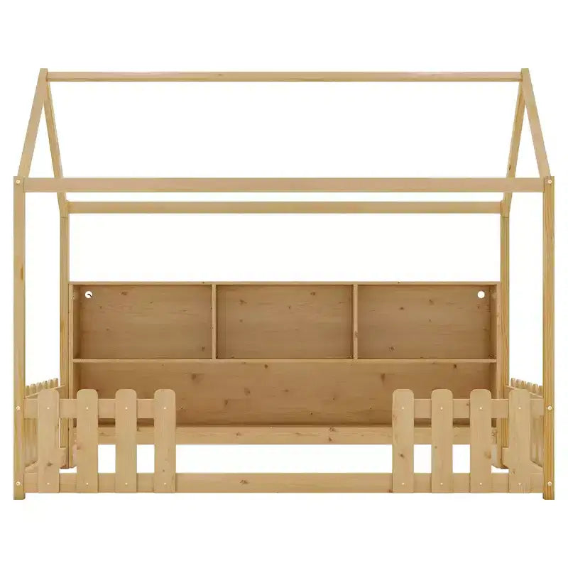Lit au sol double pour tout-petits avec lumières LED, étagère de rangement et barrière de sécurité.