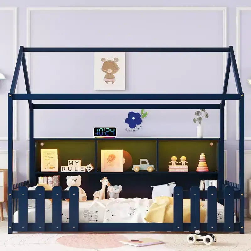 Lit au sol double pour tout-petits avec lumières LED, étagère de rangement et barrière de sécurité.