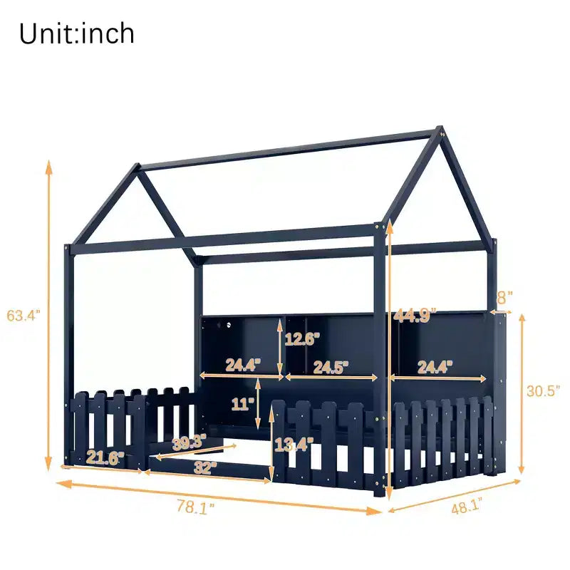 Lit au sol double pour tout-petits avec lumières LED, étagère de rangement et barrière de sécurité.