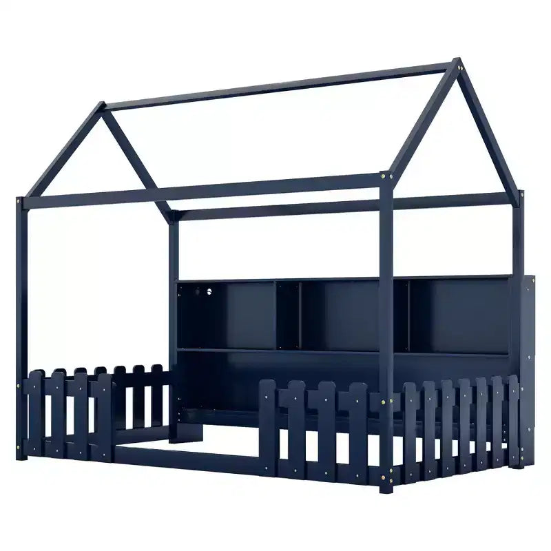 Lit au sol double pour tout-petits avec lumières LED, étagère de rangement et barrière de sécurité.
