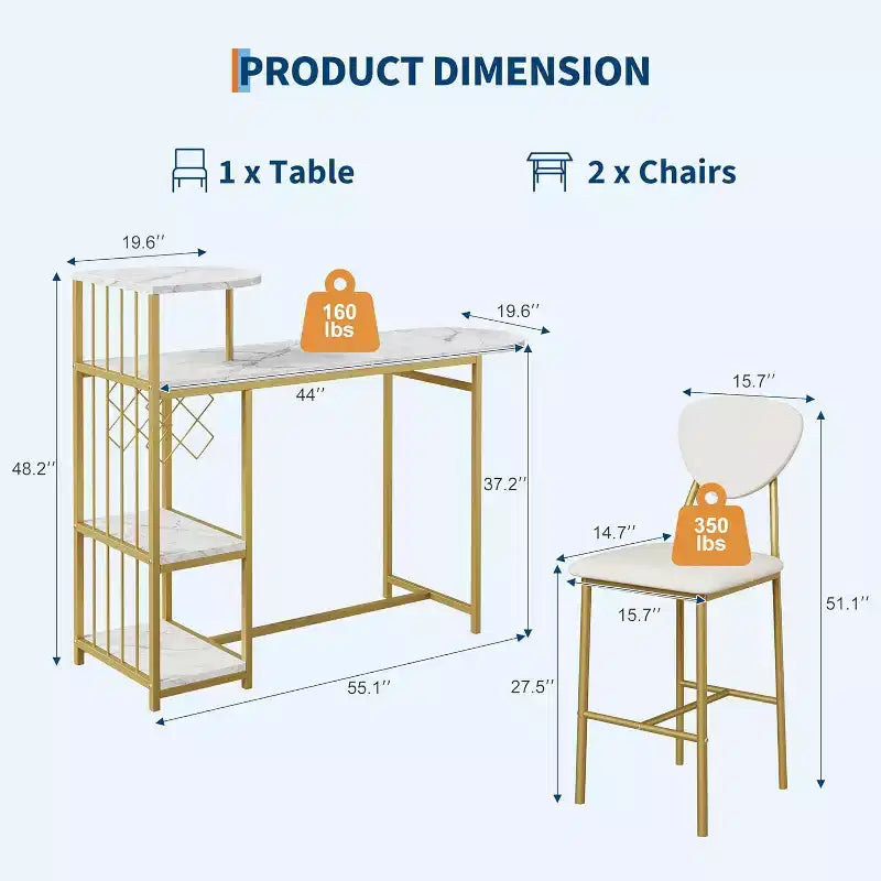 Table de salle à manger et chaises deux places, avec étagères de rangement et casier à vin