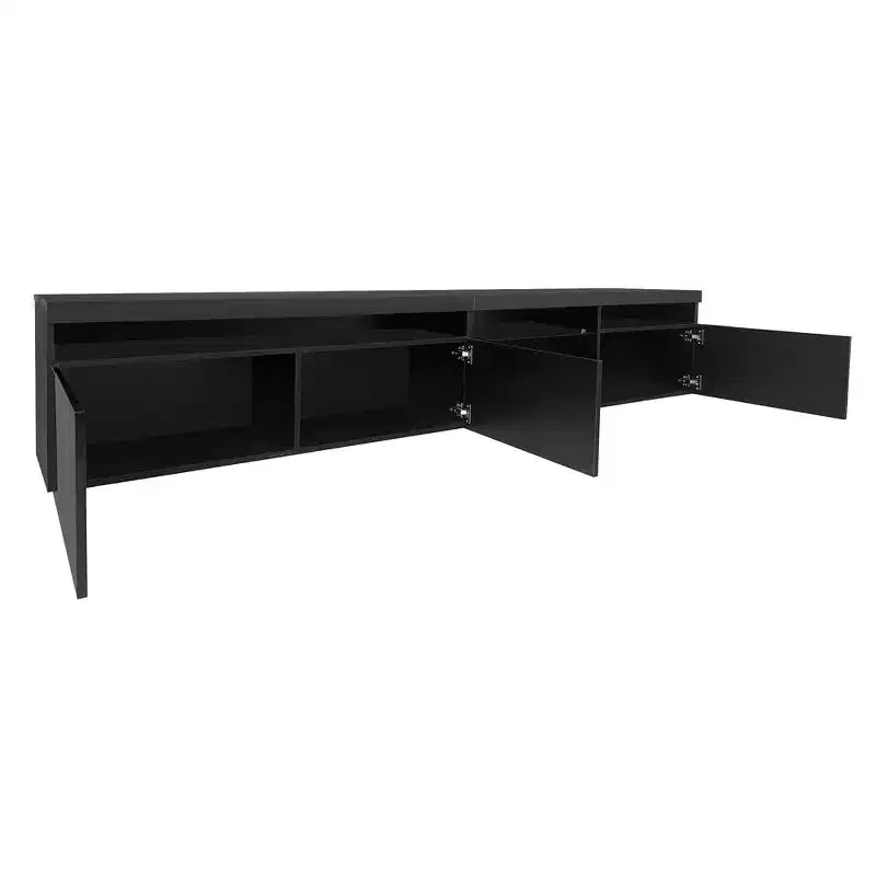 Meuble TV moderne avec lumières LED et rangements.
