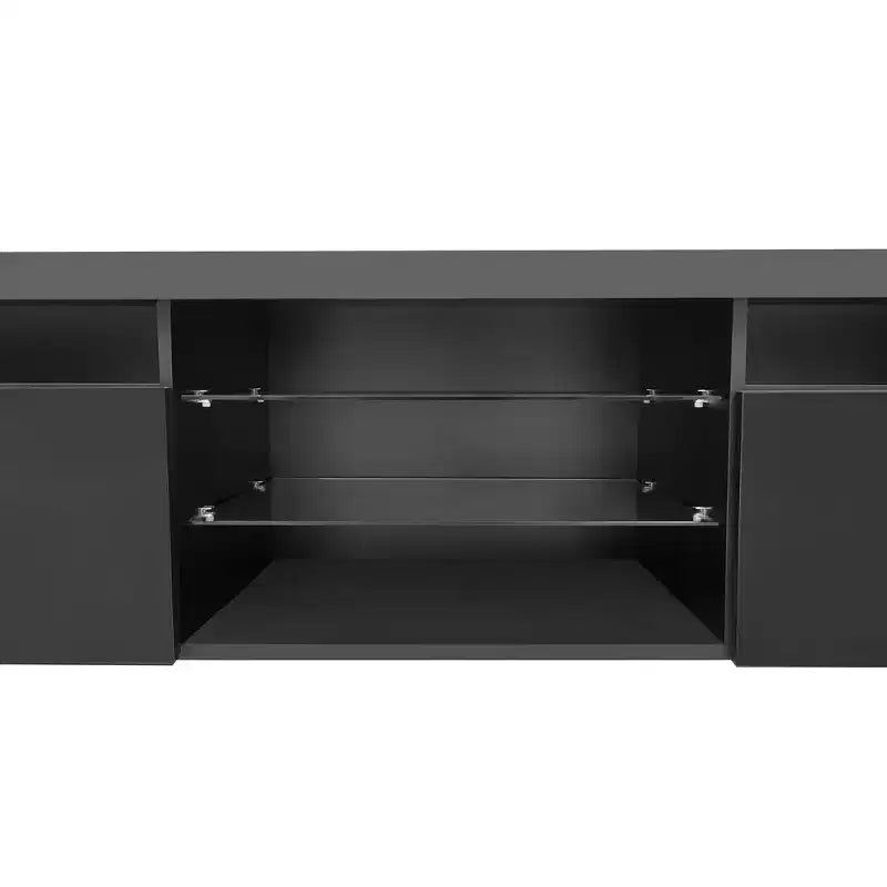 Meuble TV moderne avec lumières LED et rangements.