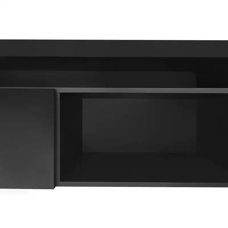 Meuble TV moderne avec lumières LED et rangements.
