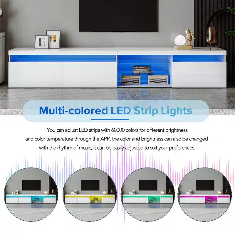 Meuble TV moderne avec lumières LED et rangements.