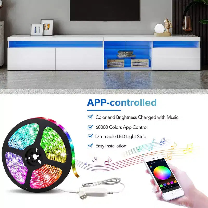 Meuble TV moderne avec lumières LED et rangements.