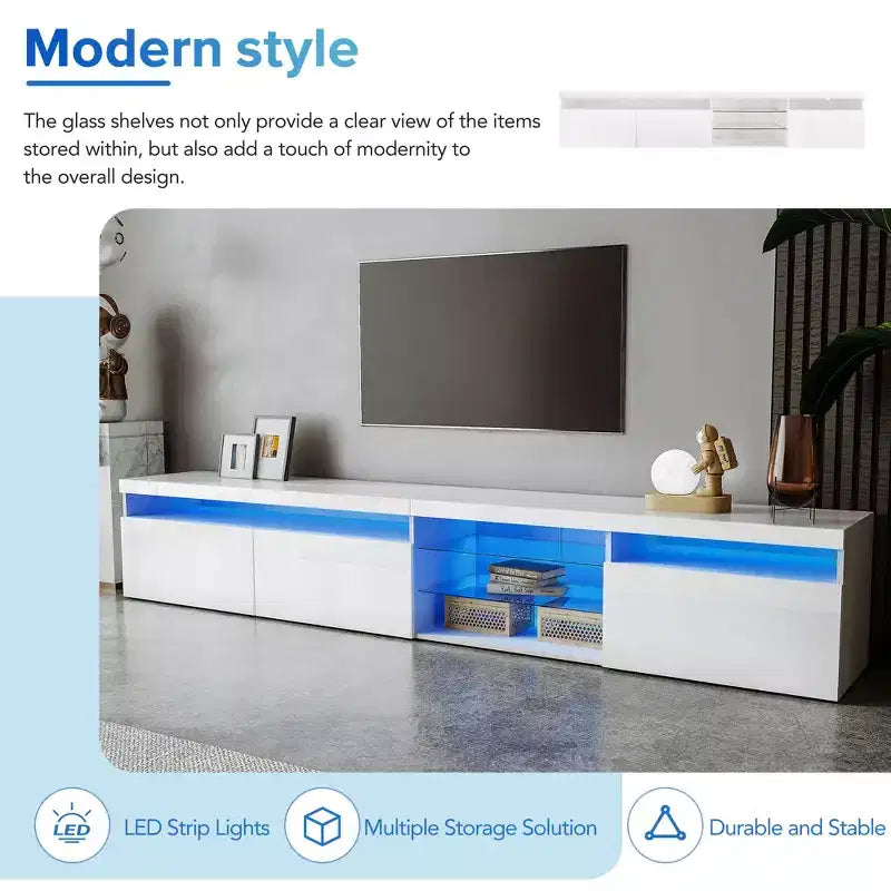 Meuble TV moderne avec lumières LED et rangements.