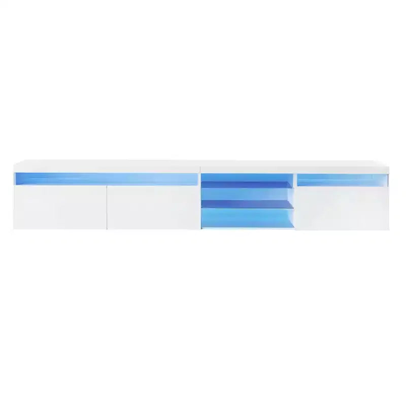 Meuble TV moderne avec lumières LED et rangements.