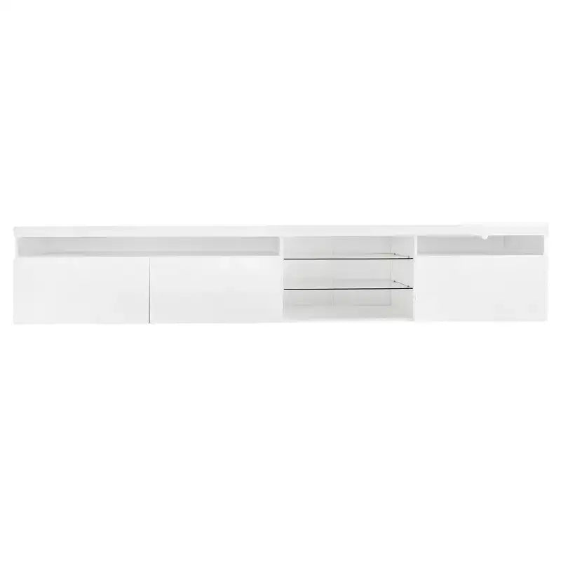 Meuble TV moderne avec lumières LED et rangements.