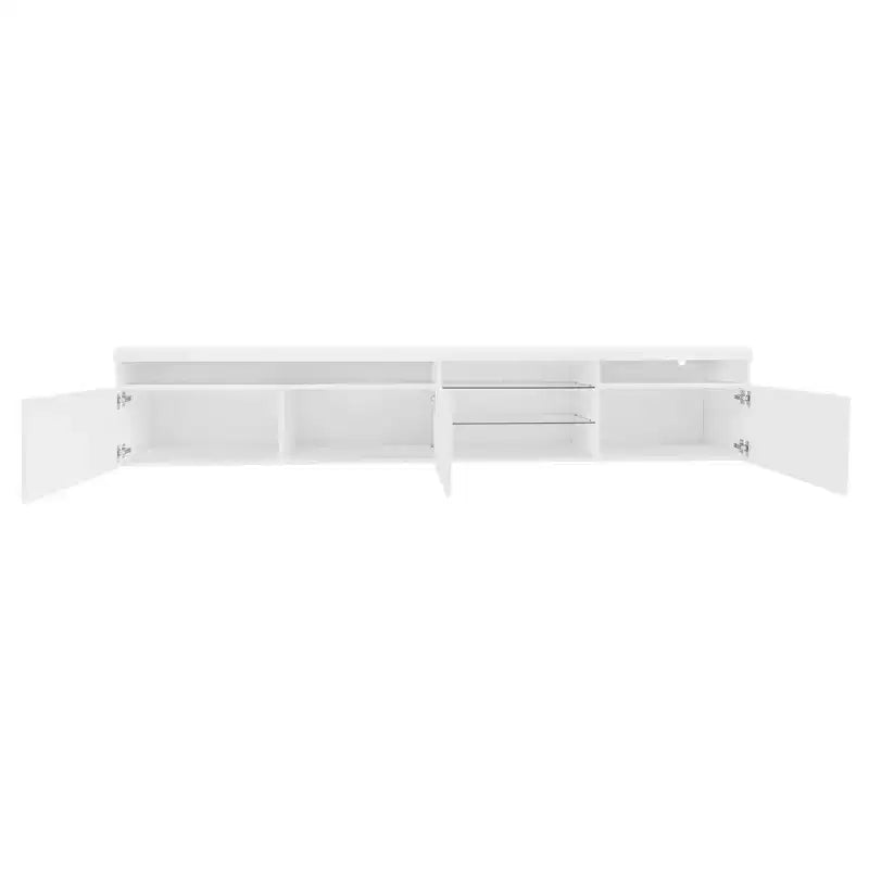 Meuble TV moderne avec lumières LED et rangements.