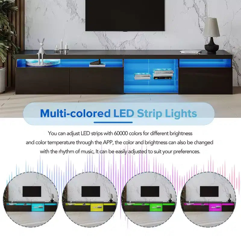Meuble TV moderne avec lumières LED et rangements.