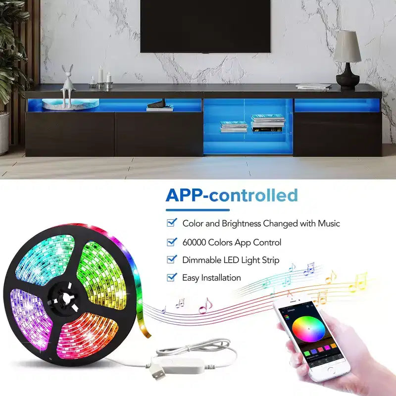 Meuble TV moderne avec lumières LED et rangements.
