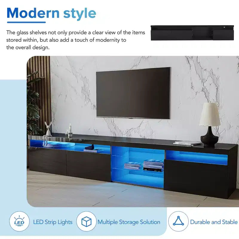 Meuble TV moderne avec lumières LED et rangements.