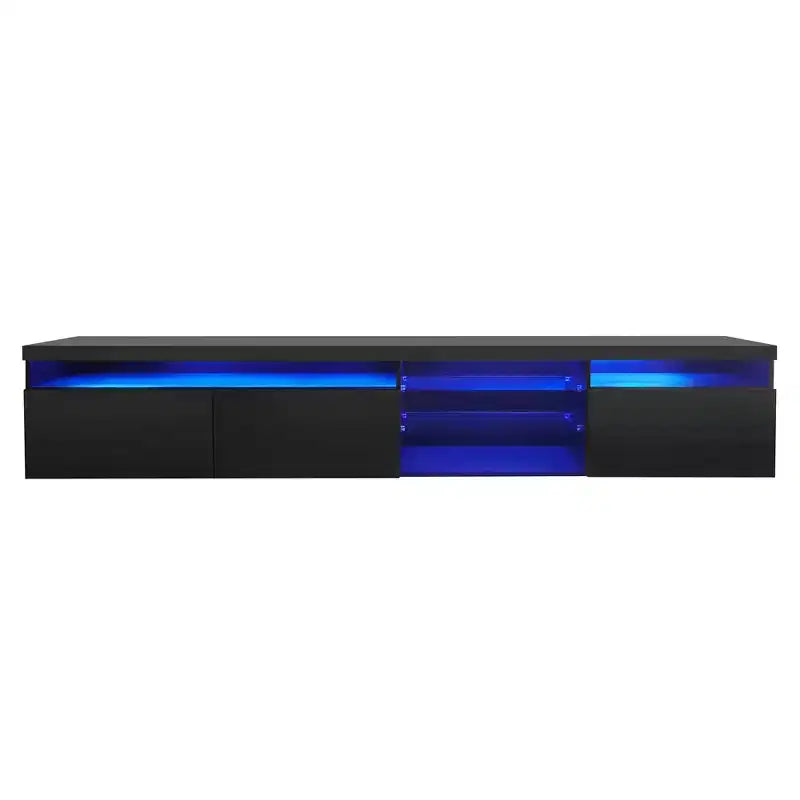 Meuble TV moderne avec lumières LED et rangements.