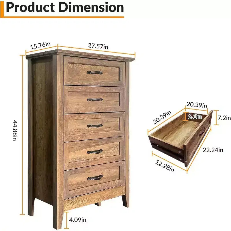 Grand meuble haut à cinq tiroirs de style campagnard avec finition grain de bois