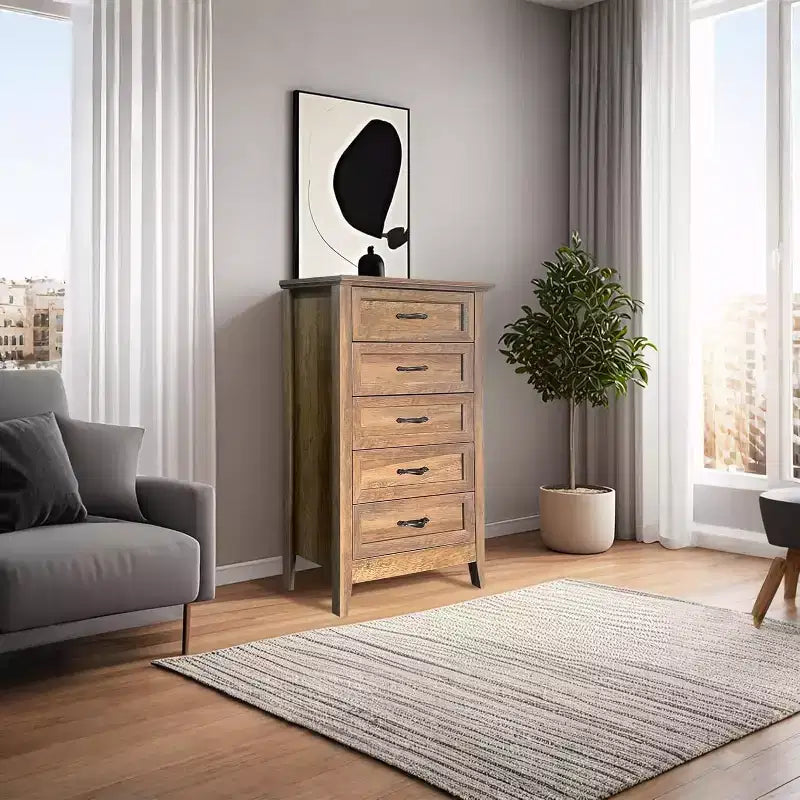 Grand meuble haut à cinq tiroirs de style campagnard avec finition grain de bois