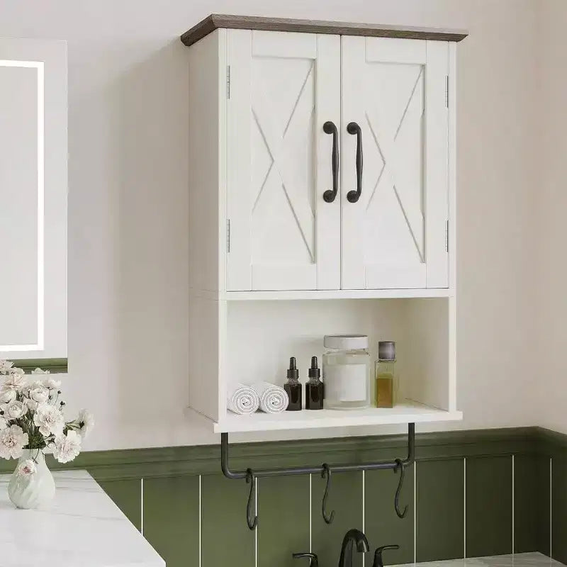Meuble-lavabo de salle de bain de style fermier avec étagères réglables