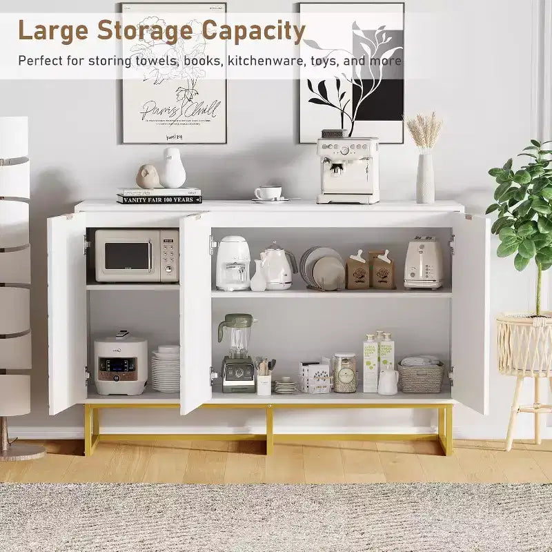 Buffet moderne avec espace de rangement et touches de bois.