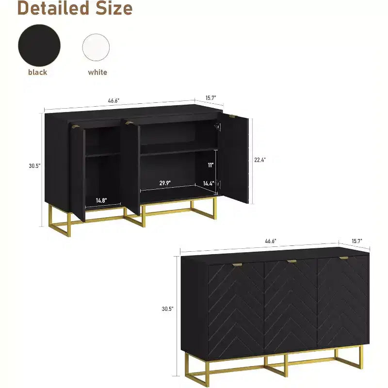 Buffet moderne avec espace de rangement et touches de bois.