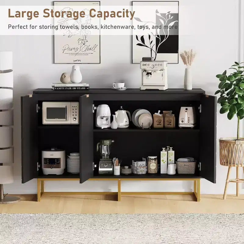 Buffet moderne avec espace de rangement et touches de bois.