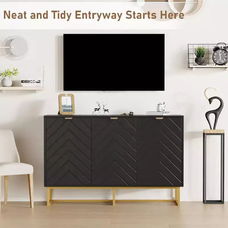 Buffet moderne avec espace de rangement et touches de bois.