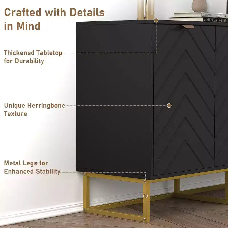 Buffet moderne avec espace de rangement et touches de bois.