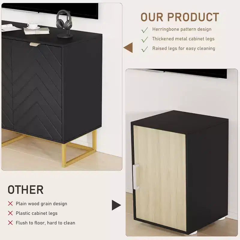 Buffet moderne avec espace de rangement et touches de bois.